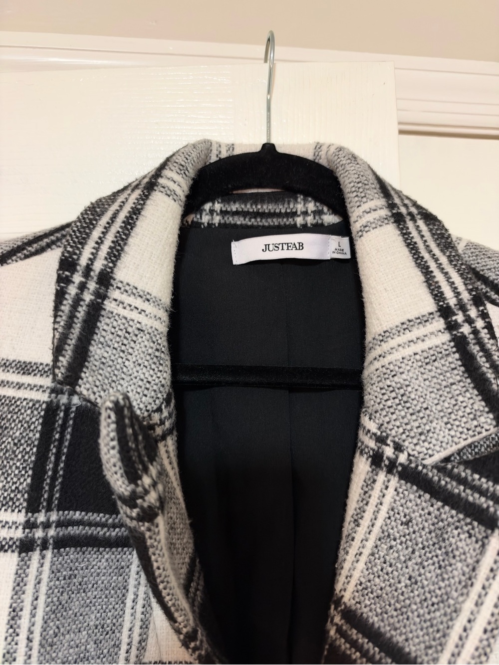 JUSTFAB Plaid Wool-Blend Coat in Black & White - Size Large - Picture 2 of 4